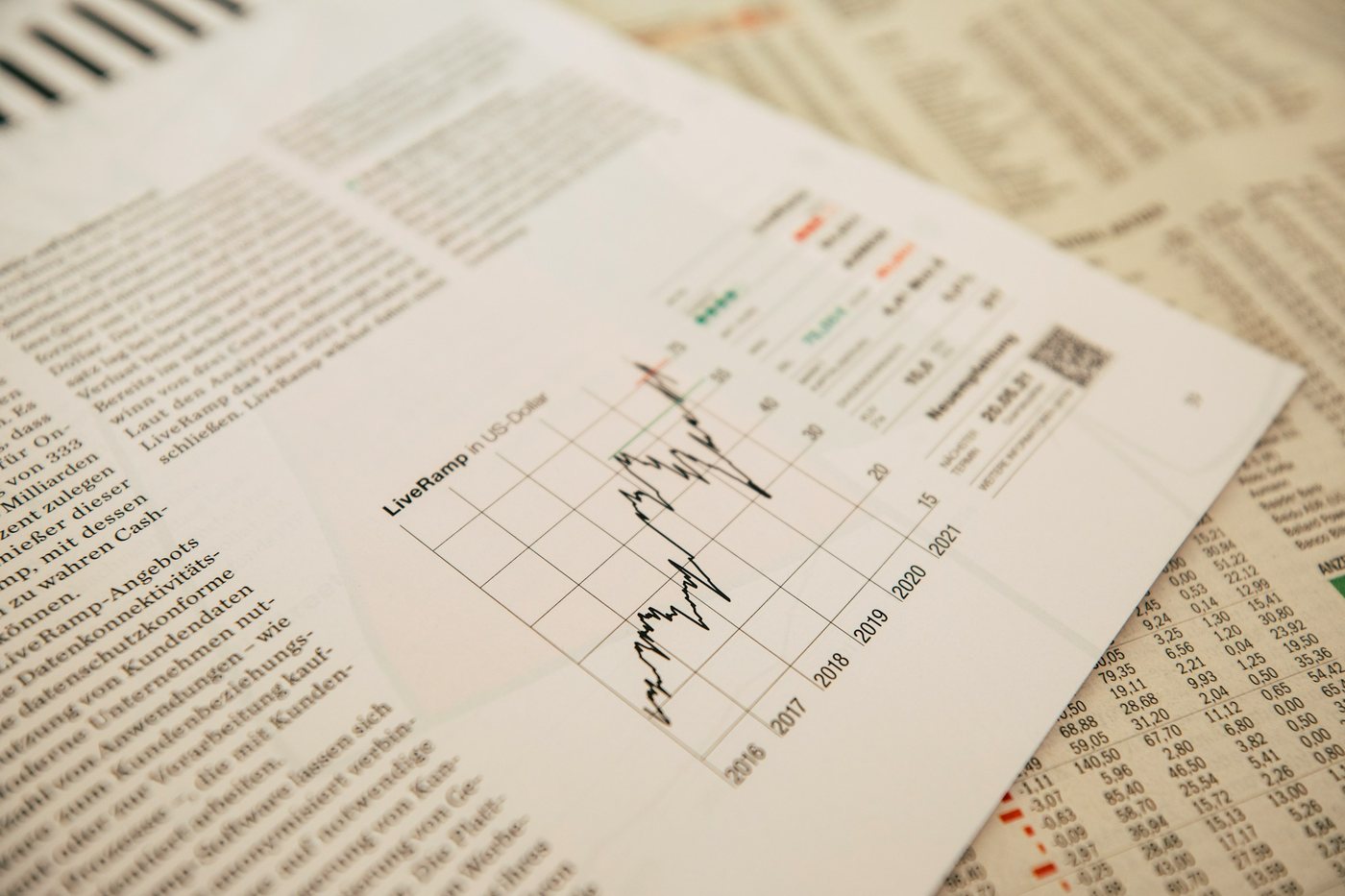 Pages de cotations et graphique boursier dans un journal financier